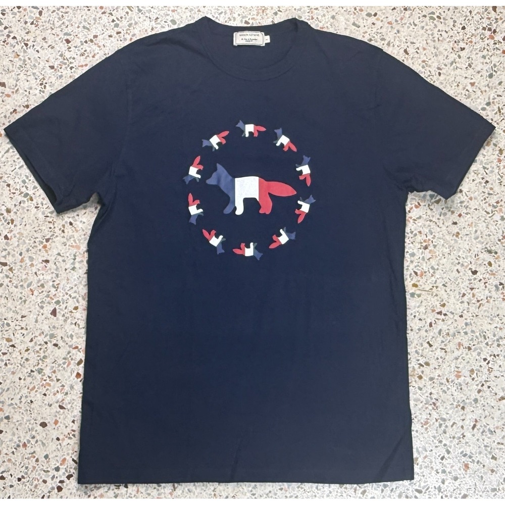 Maison Kitsune Men's Red White & Blue Fox Pattern Short Sleeve T-Shirt Size L